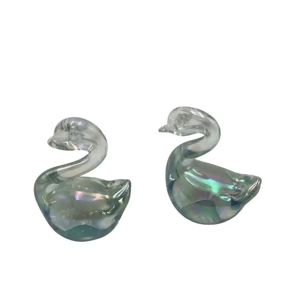 Vintage Iridescent‎ Glass Swan Figurines Set of 2 Multicolor